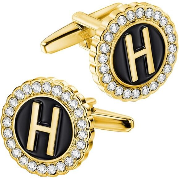 A-Z Initial Cufflinks for Men and Women with Clear Crystal, Gold Silver Color - Picture 1 of 7